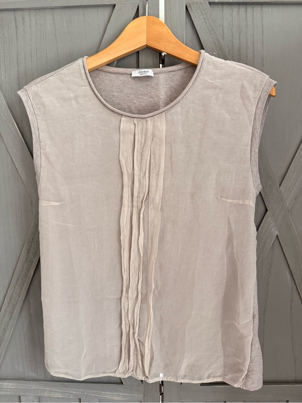 Peserico Mixed-Media Silk Front Top | Monili Trim | Taupe Greige
